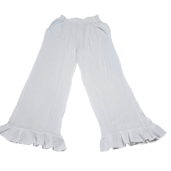 Kaktus Pants - White Ruffle Hem Cotton Pants By Kaktus M Size